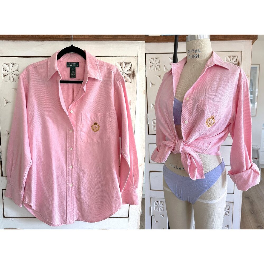 RALPH LAUREN Pink Oxford Shirt w/ Gold Embroidered Crest 8